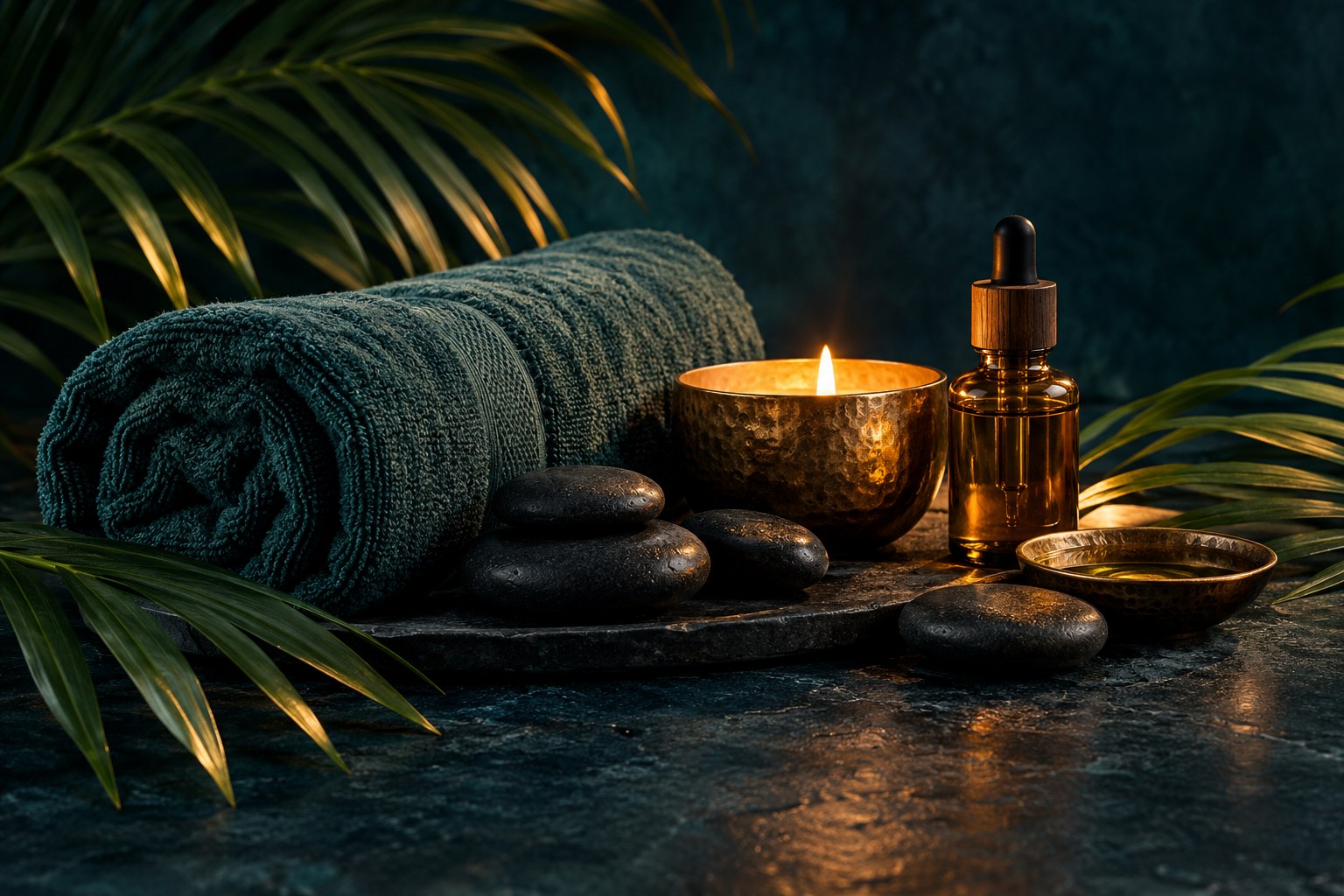 Kerze, Massageöl und weiche Handtücher für eine entspannte Auszeit